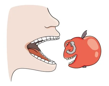 Man trying to eat apple Stock-Illustration