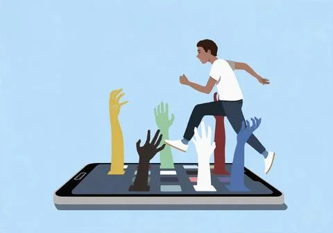 Man trying to jump over hands extended from mobile apps on smart phone screen Stock Illustration