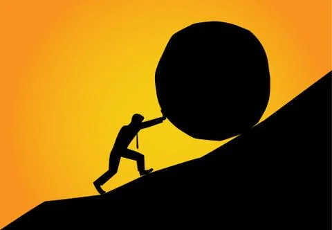 Man trying to move big stone ball to top of hill Stock Illustration