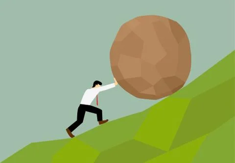 Man trying to move big stone ball to top of hill Stock Illustration