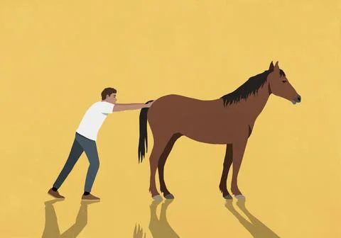 Man trying to push standing horse against yellow background Stock Illustration