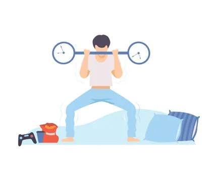 Man is trying to raise a barbell with a clock. Vector illustration. 스톡 일러스트