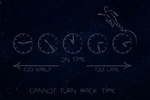 Man trying to reverse time by running backwards on group of clocks with too e Stock Illustration