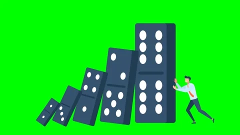 Man trying to stop falling domino. Crisis management and solution. Domino effect Stock Footage 270923954