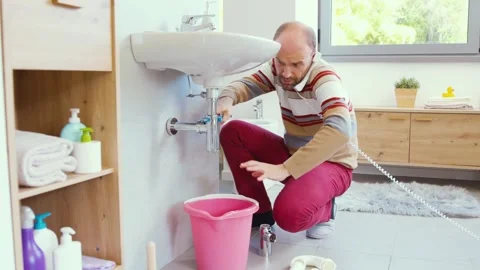 Man trying to stop a water leak and calling a plumber Stock Footage 297856222