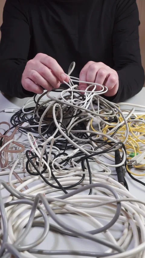 A man trying to untangle a lot of different wires Stock Footage 313343387