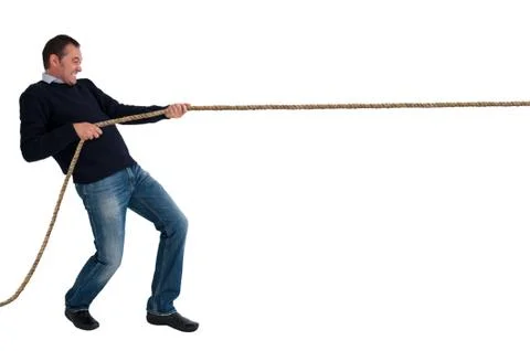 Man tug of war pulling rope isolated Stock Photos