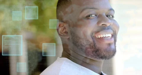 Man turning to camera after teal UI squares appear and align near cheek, Stock Footage 321141666