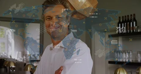 Man turning, crossing arms, smiling while map UI intensifying over pastry, Stock Footage 331570977