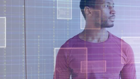Man turning head as frame reveal triggers grid, panels, code streams overlaying Stock Footage 333494359