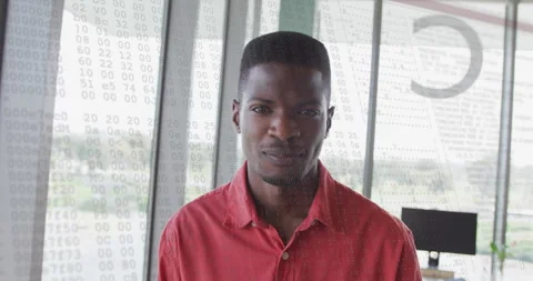 Man turning head toward camera then reacting and laughing as code overlay moving Stock Footage 314662722