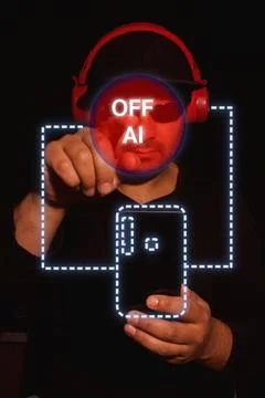 Man turns off artificial intelligence button Stock Photos