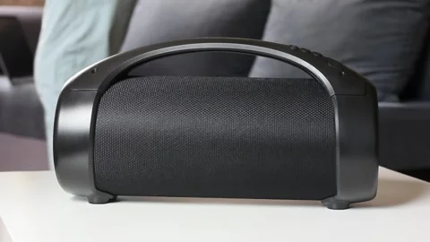 The man turns on a black portable wireless speaker Vidéo 253978537