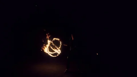 The man turns in his hands a ball of fire. Great fire show Stock Footage