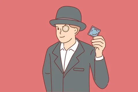 Man in tuxedo with condom instead of monocle urges use of contraceptives for Stock Illustration