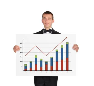 Man in tuxedo holding placard with chart Stock Photos