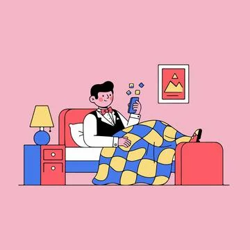 Man in Tuxedo Using Phone in Bed Illustration