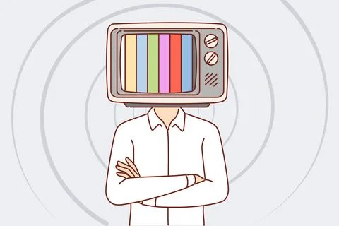 Man with TV instead of head stands with arms crossed, demonstrating lack of Stock Illustration