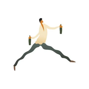 Man with two bottles in his hands in a hurry. Vector illustration on white Stockillustratie
