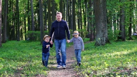 Man with two sons walking in the park Stock Footage 89658823