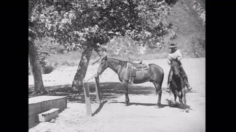 Man tying horse to hitching post and going into trading post Stock Footage 260257411
