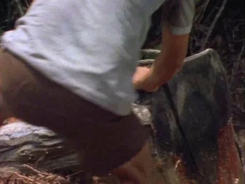 Man tying a rope around a huge log of wood Stock Footage 79925928
