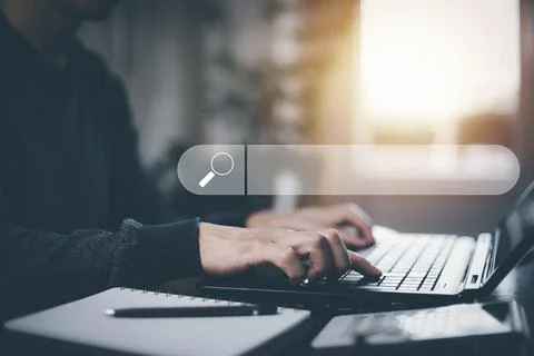 Man type tablet and Searching Browsing Internet Data Information with blank s Stock Photos