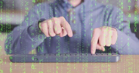 Man types on keyboard only with index fingers. Front view, blue-red flashing Vídeo Stock 237925103