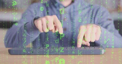 Man types on keyboard only with index fingers. Front view, blue-red flashing 스톡 사진