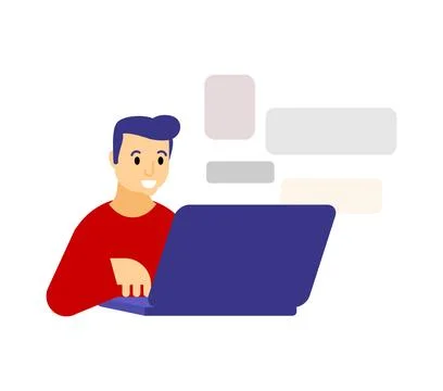 Man types on a laptop with chat bubbles floating nearby. Concept of messagi.. 스톡 일러스트