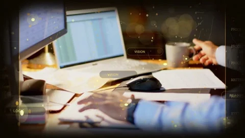 Man typing and analyzing tech dashboard at office desk, initiating animated UI Stock Footage 333999602
