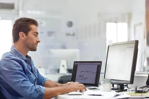 Man, typing and interior designer in office with computer, creativity and A.. Stock-Fotos