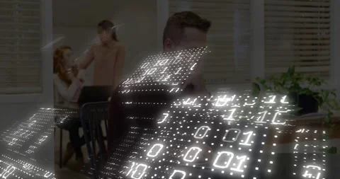 Man typing and pausing from binary dotted-grid overlay sweeping over laptops, Stock Footage 331109463