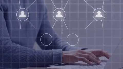 Man typing and pointing, causing user network expanding over laptop grid for Stock Footage 334465856