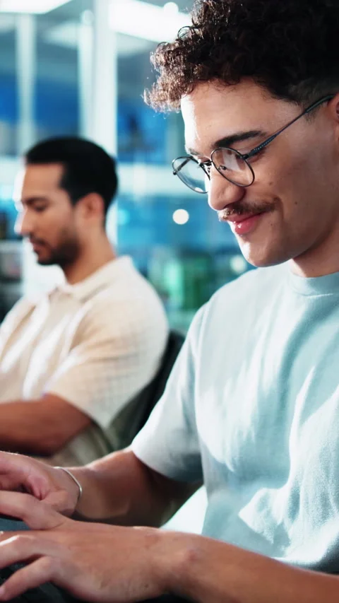 Man, typing and research in office with computer, news report and investigation Stock Footage 333240651