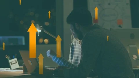 Man typing and using trackpad in business, woman pointing, arrows rising after Stock Footage 334466024