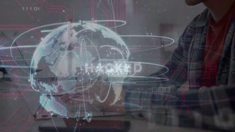 Man typing causing digital globe rotating with pulsing circuits and HACKED Stock Footage 333318055