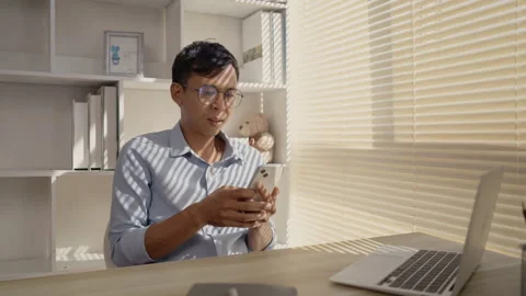 Man typing chat into phone, Communication via smartphone, Conversation via sm Stock Footage 263476030