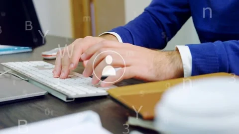 Man typing, clicking mouse at desk, showing animated office user, mail, phone Stock Footage 334788849