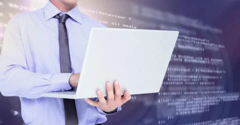 Man typing coding text on laptop 스톡 사진