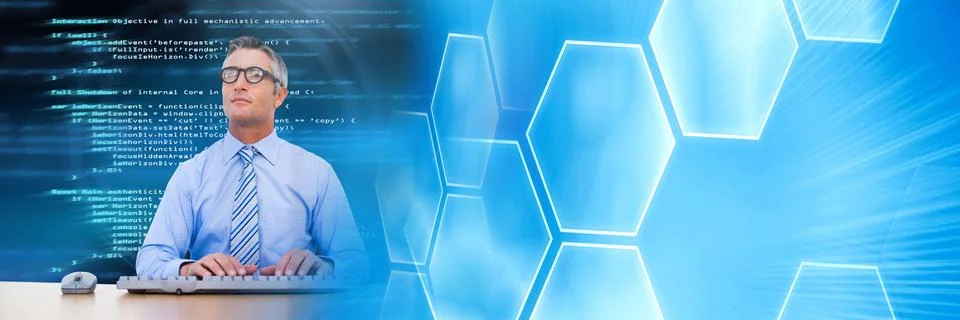 Man typing coding text with transition Stock Photos