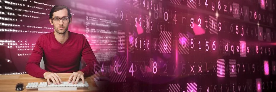 Man typing coding text with transition Stock Photos