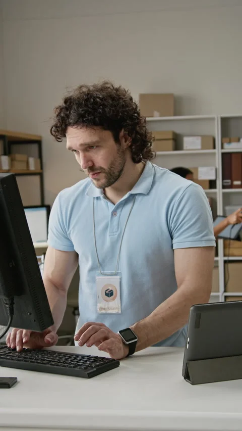 Man Typing on Computer Keyboard in Order Fulfillment Warehouse Stock Footage 346071721