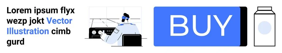 Man typing on computer, labeled button, rectangular buy button, abstract pack Stock Illustration