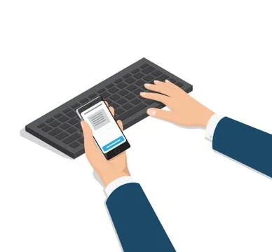 Man Typing on Computer with Phone in Hand Vector Stock Illustration
