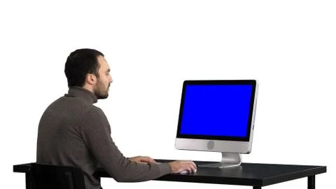 Man typing on the computer, white background. Blue Screen Mock-up Display. Stock Photos