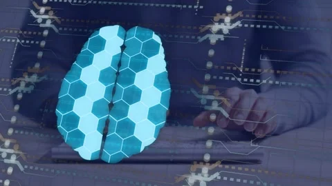 Man typing at desk, activating hex brain hologram overlaying hands with HUD Stock Footage 335235930