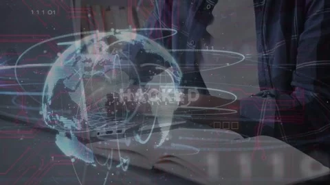 Man typing at desk reacting to security breach with hologram over laptop Stock Footage 333539894