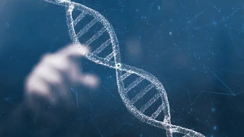 Man typing with his finger on science infographics screen with dna chain rot Stock Footage 344143920