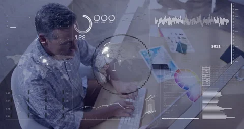 Man typing on keyboard activating tech graphics while numeric readouts rising, Stock Footage 309893926